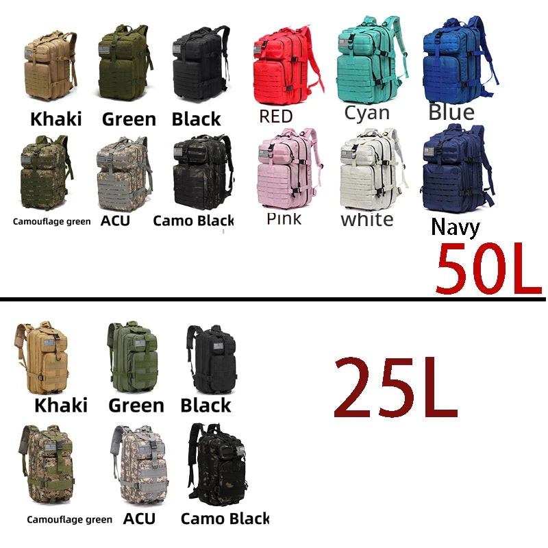 25L/50L Tactical Backpack – Waterproof Nylon Outdoor Hiking & Camping Rucksack